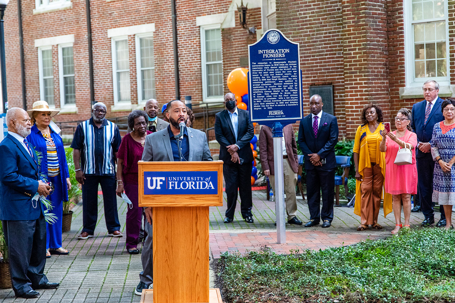 A photo of the University of Florida unveiling in 2021 a historical marker honoring the integration pioneers who led the charge to desegregate the institution.