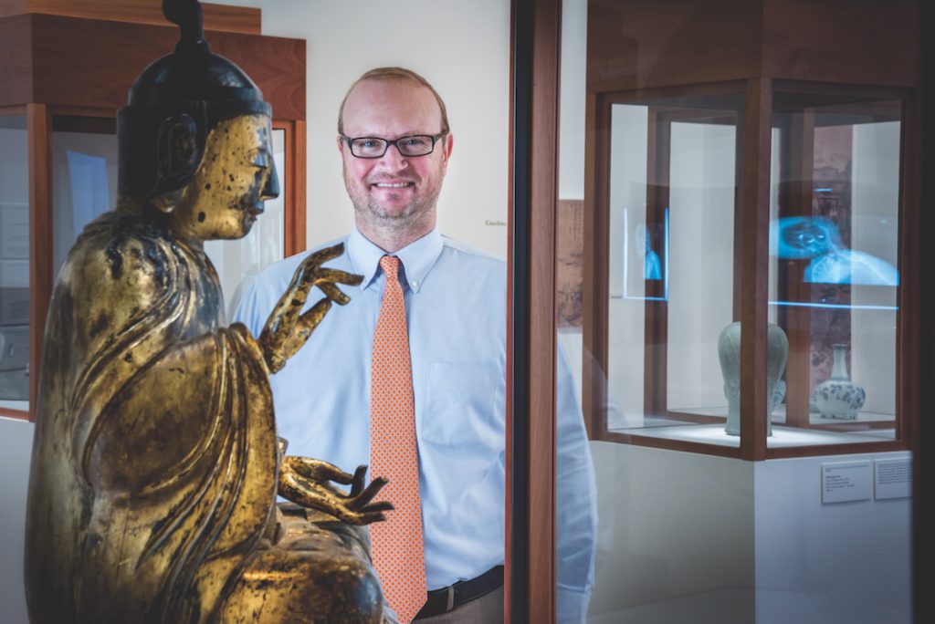 Jason Steuber encountered this bodhisattva sculpture while visiting a New York gallery. The bodhisattva was originally part of the John D. Rockefeller Jr. collection and was purchased for the Harn by museum benefactor Mickey Singer. 