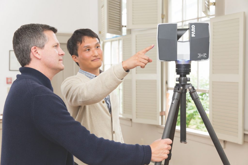 Hylton and doctoral candidate Sujin Kim use a laser scanner to document historic structures. The laser delivers a highly accurate point cloud that can be used to produce ethereal images. 