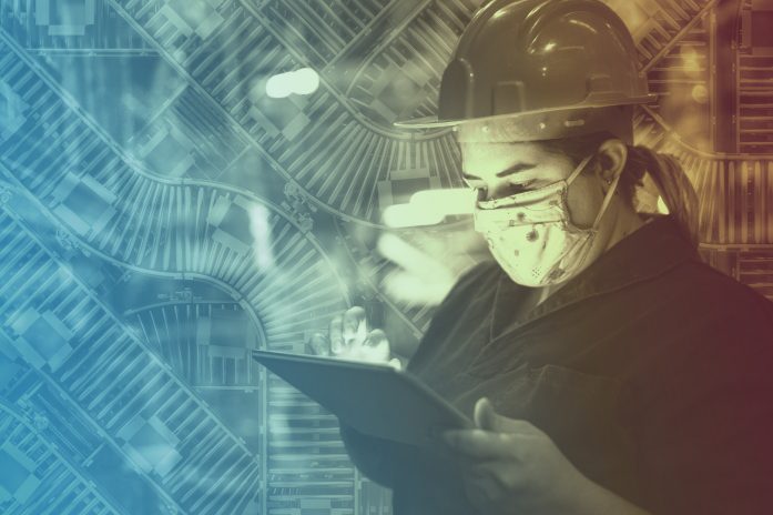 Collage of factory worker wearing a mask with conveyor belts super-imposed in background.