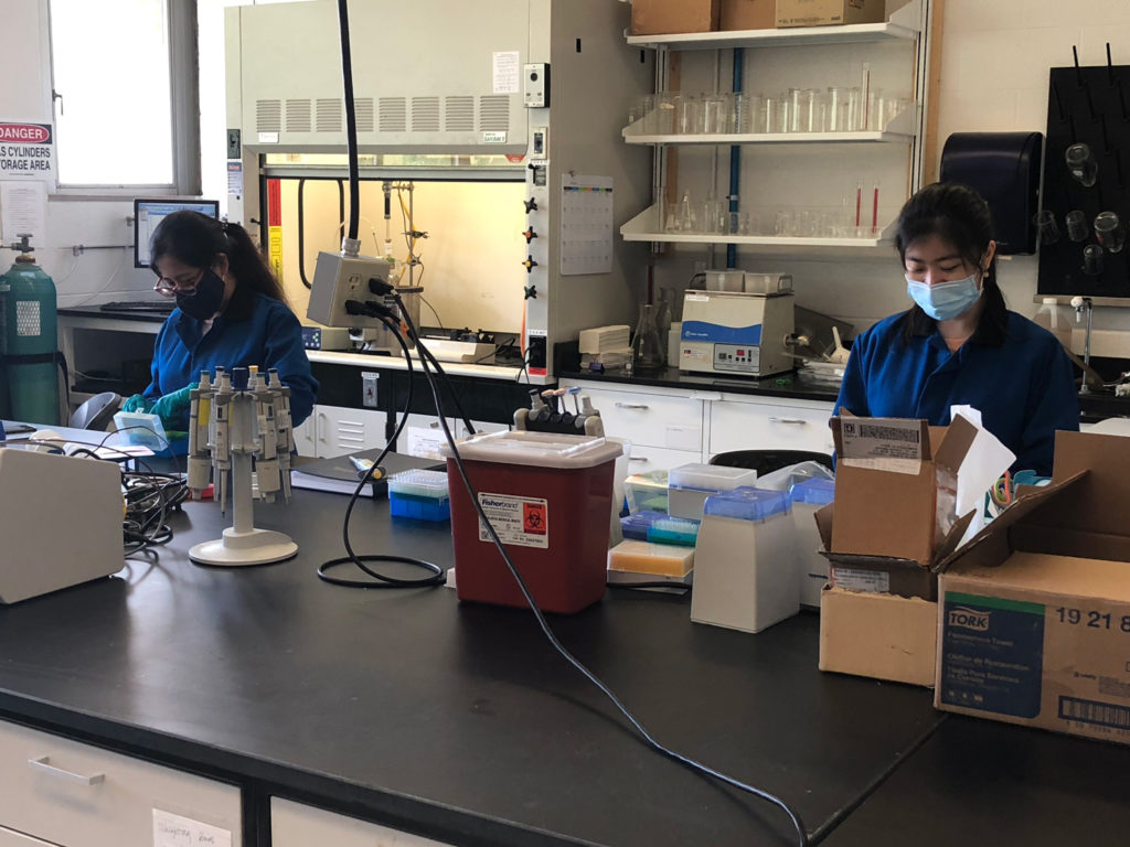 Researchers working in lab while wearing PPE and maintaining their distance.