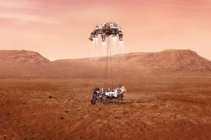 Feature image of Perseverence Rover landing on Mars' surface. Artist rendering by NASA/JPL.