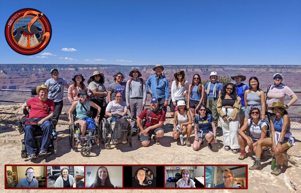 In person and remote participants in GeoSPACE field course pose at the Grand Canyon, with 6 remote participants in Zoom meeting boxes at the bottom. 3 wheelchair users sit in the front row. The GeoSPACE logo, a design inspired by space mission patches, is in the top right corner of the photo.