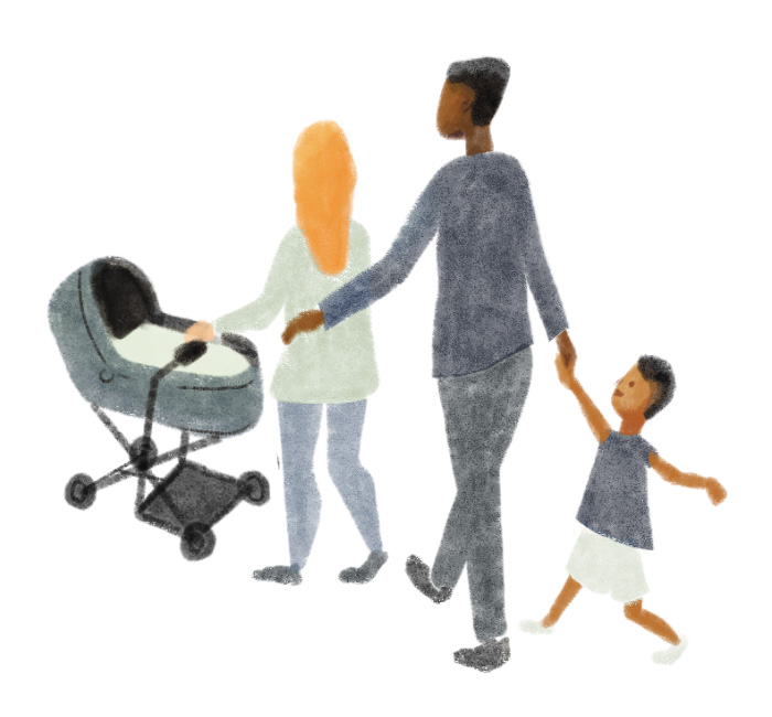 Illustration of parents walking with children.