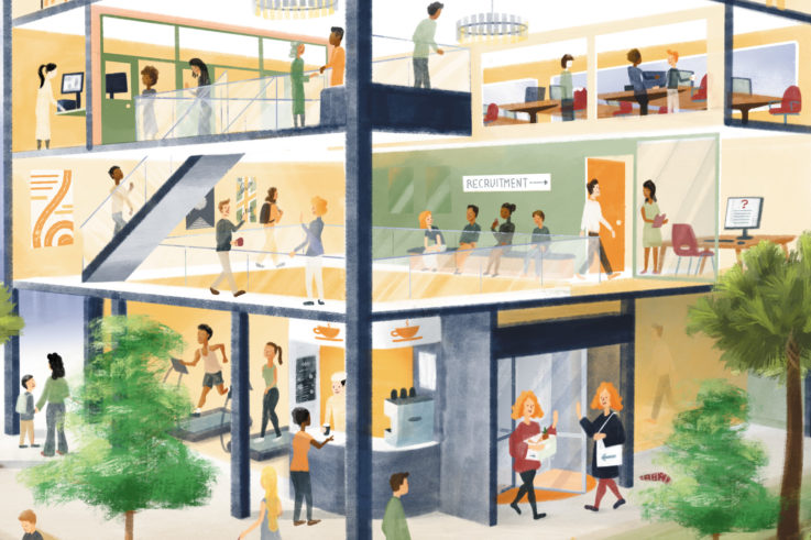 Feature image illustration for "The Future of Work", from the Fall 2022 issue of Explore magazine.