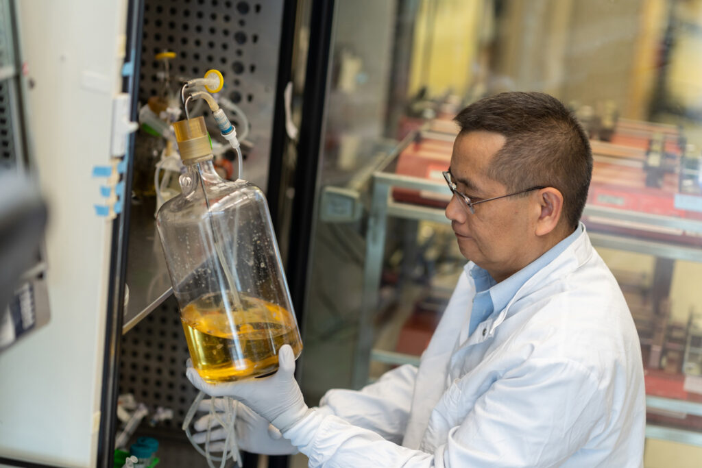 Arnold Louie holds a jar containing a golden liquid substance.