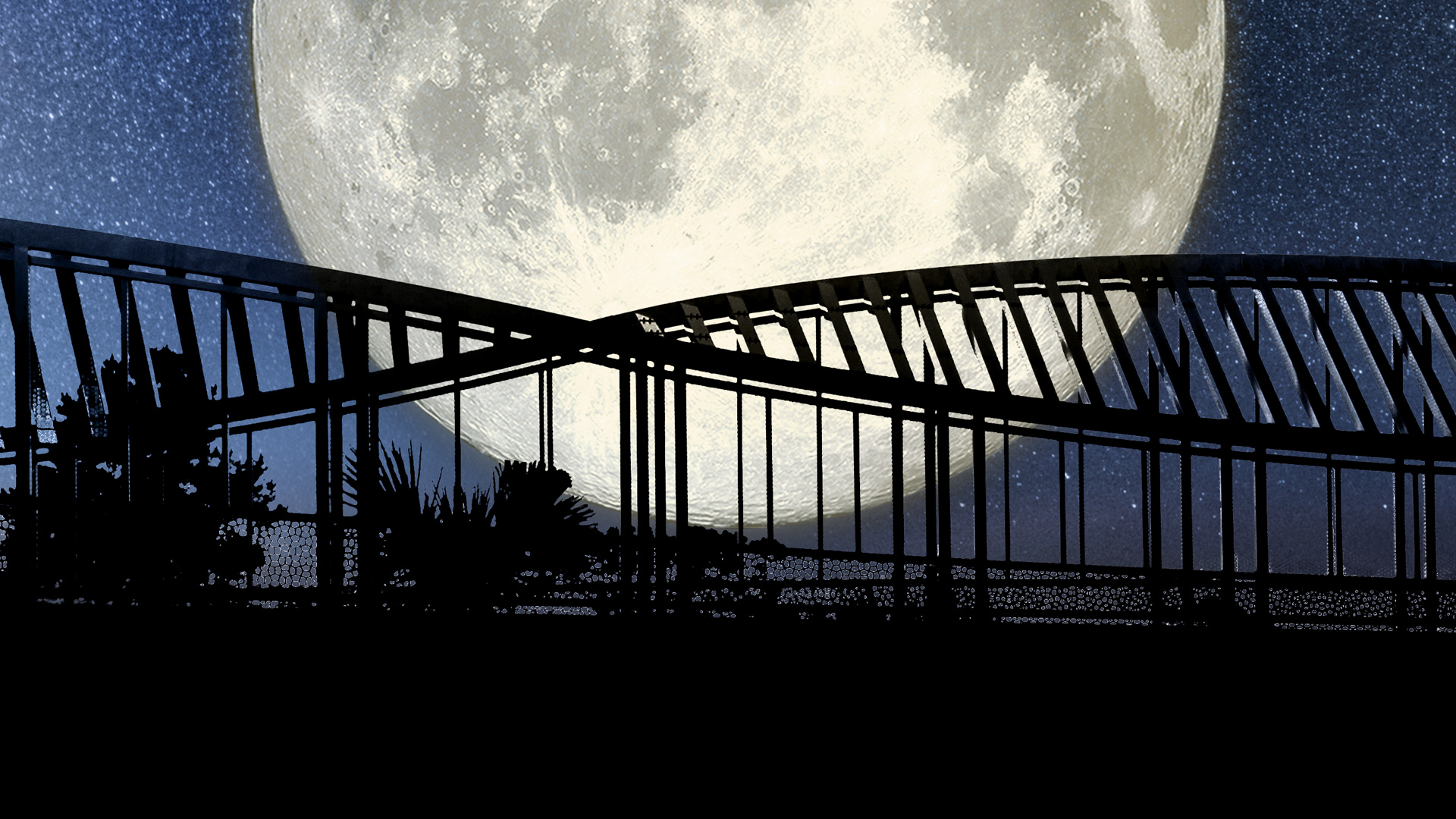 Photo illustration of the moon rising over the DNA helix bridge near UF campus.