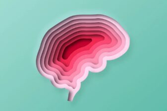 An image of a brain in the color pink with a teal background