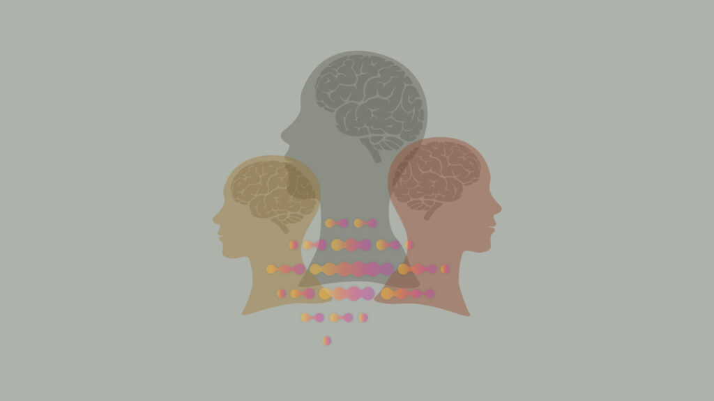 Illustration showing the profiles of three heads and their brains with a stylized brain illustration overlaid.
