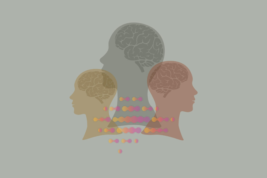 Illustration showing the profiles of three heads and their brains with a stylized brain illustration overlaid.