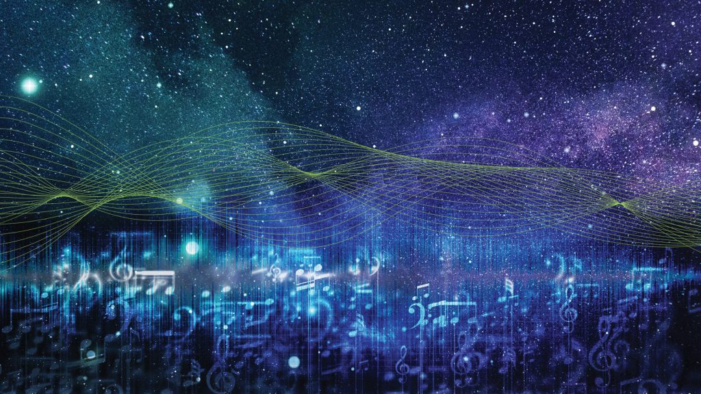 Collage of a starry sky, overlayed with white, transluscent musical notes and thin green airwaves spanning the entire image.