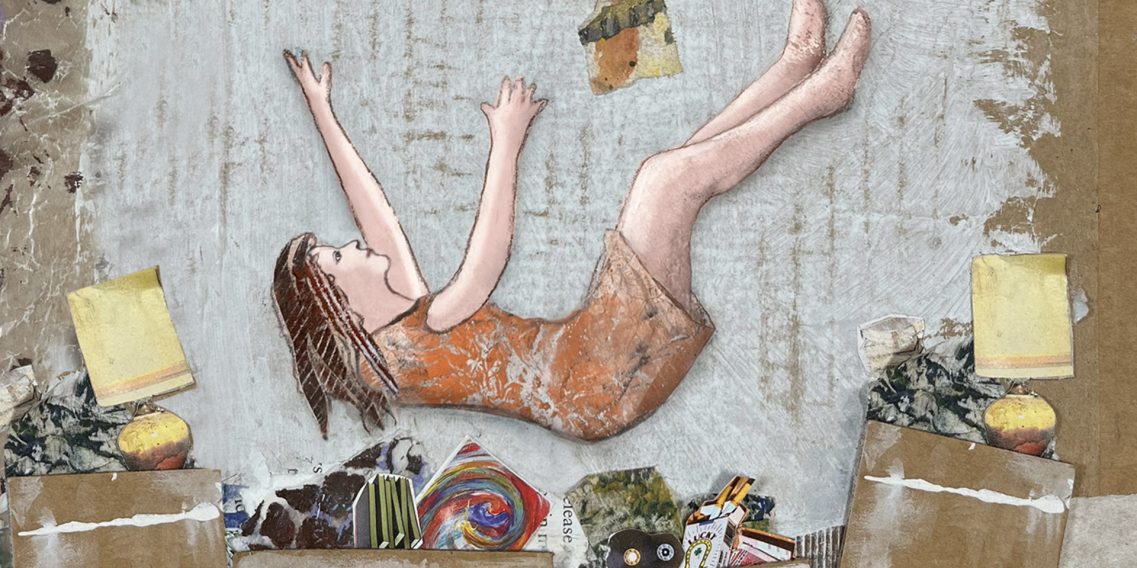 Mixed-media collage of a woman falling into boxes full of random items. Artwork created by Katherine Kinsley-Momberger.