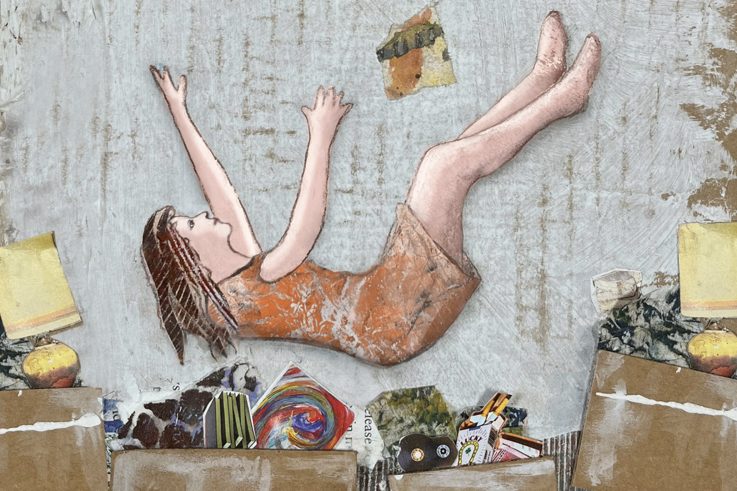 Mixed-media collage of a woman falling into boxes full of random items. Artwork created by Katherine Kinsley-Momberger.