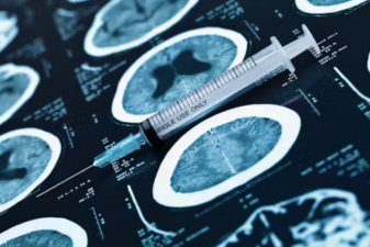 An image of brain scans and a syringe.