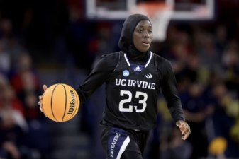 A photo of Basketball player Diaba Konate in the first round of the NCAA women’s basketball tournament at McCarthey Athletic Center in Spokane, Washington.