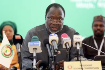 A photo of Ecowas president Omar Touray speaking at a meeting of heads of state and government in Abuja on 24 February 2024.