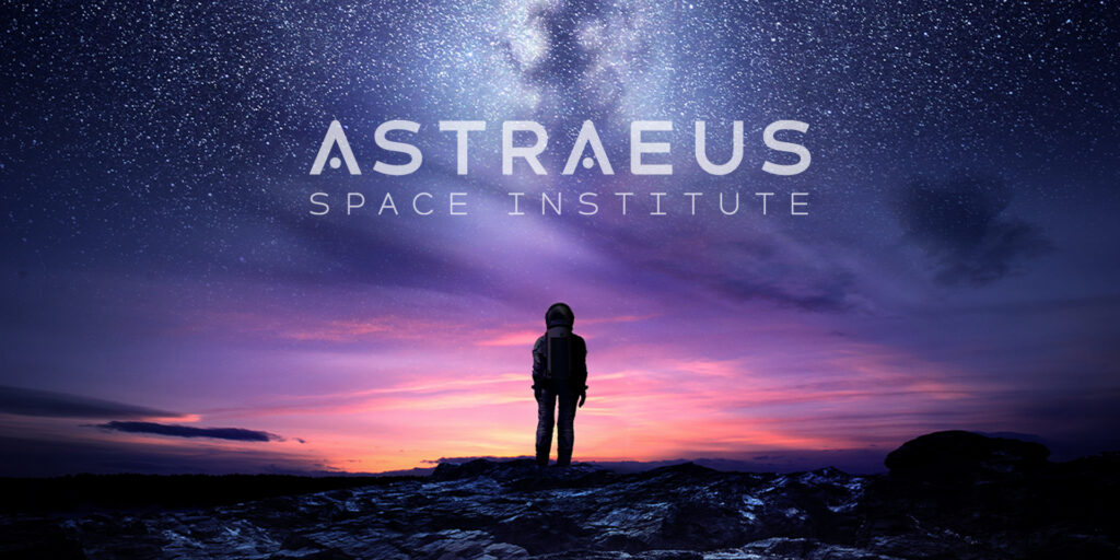 Astronaut looking at sunrise on horizon with Astraeus Space Institute logo overlaid on sky.