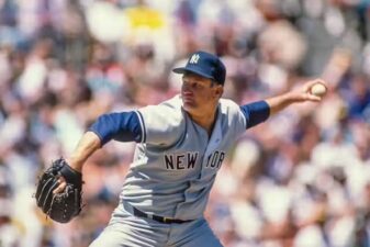 A photo of Tommy John pitching in his final season in 1989, 15 years after his career-saving surgery.