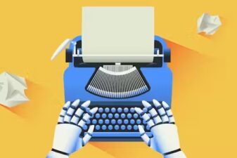 An image of a blue typewriter and white robot hands typing against a yellow background.