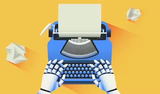 An image of a blue typewriter and white robot hands typing against a yellow background.
