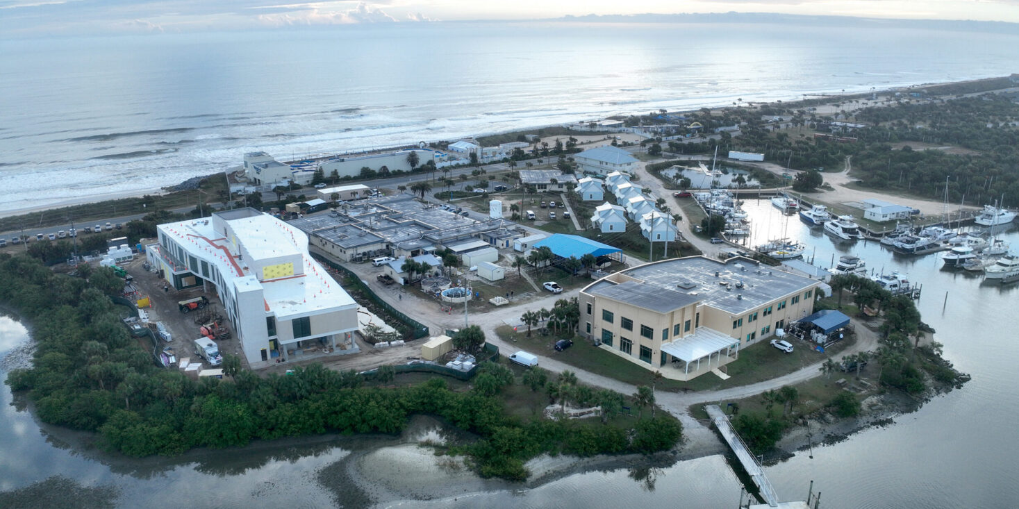 An aerial view photo of the Whitney Laboratory old (right) and new (left) buildings in St. Augustine, Florida.