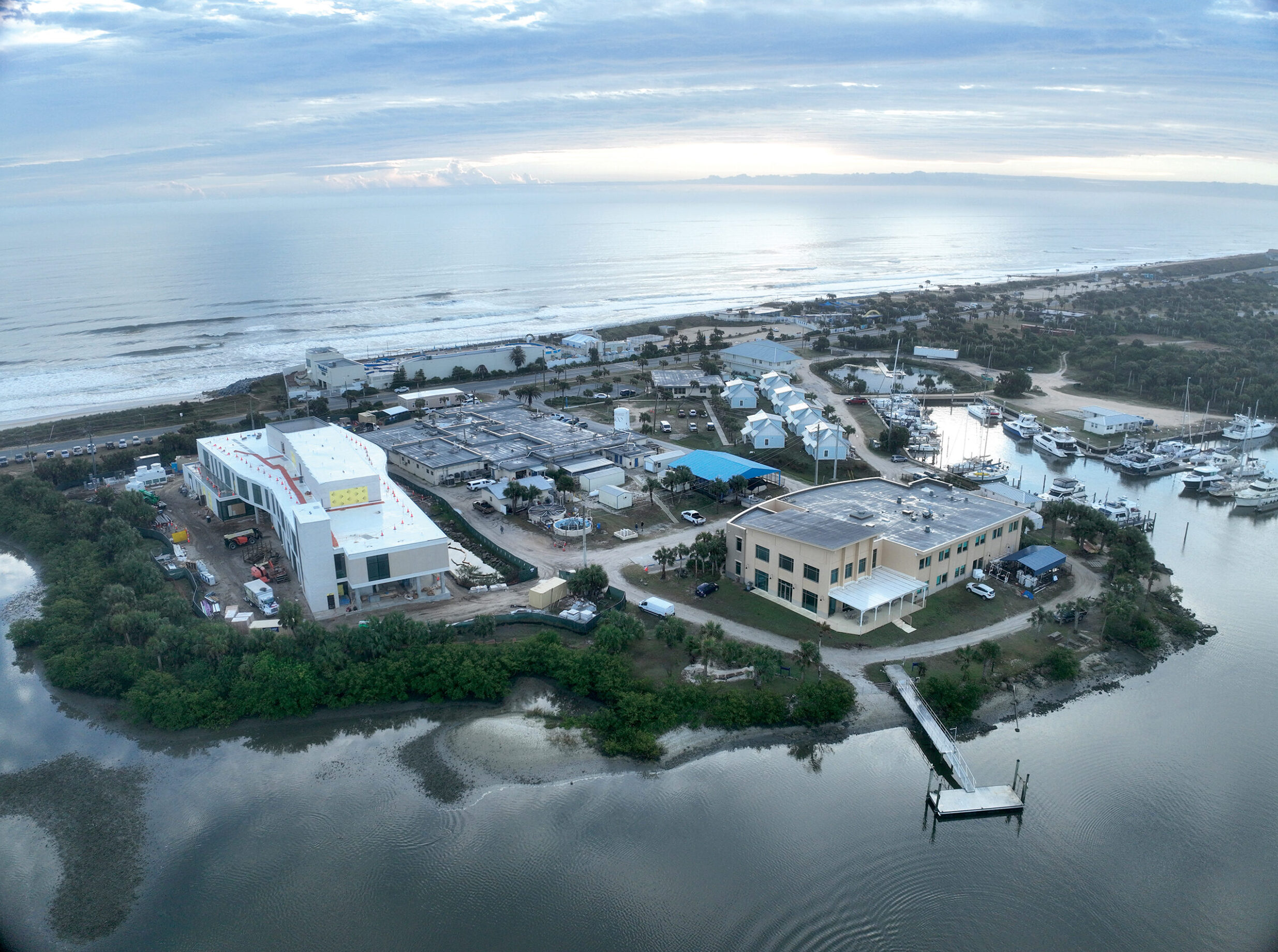 An aerial view photo of the Whitney Laboratory old (right) and new (left) buildings in St. Augustine, Florida.