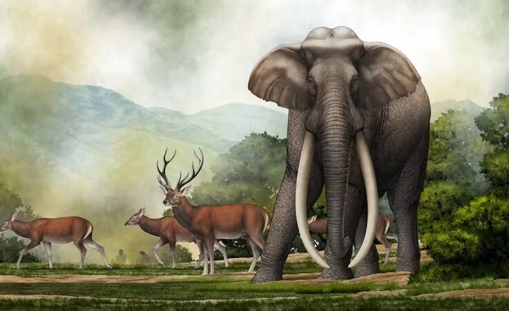 An illustration of a fully-grown male Palaeoloxodon turkmenicus wandering the Kashmir Valley, 400,000 years ago, towering over a herd of Central Asian red deer.