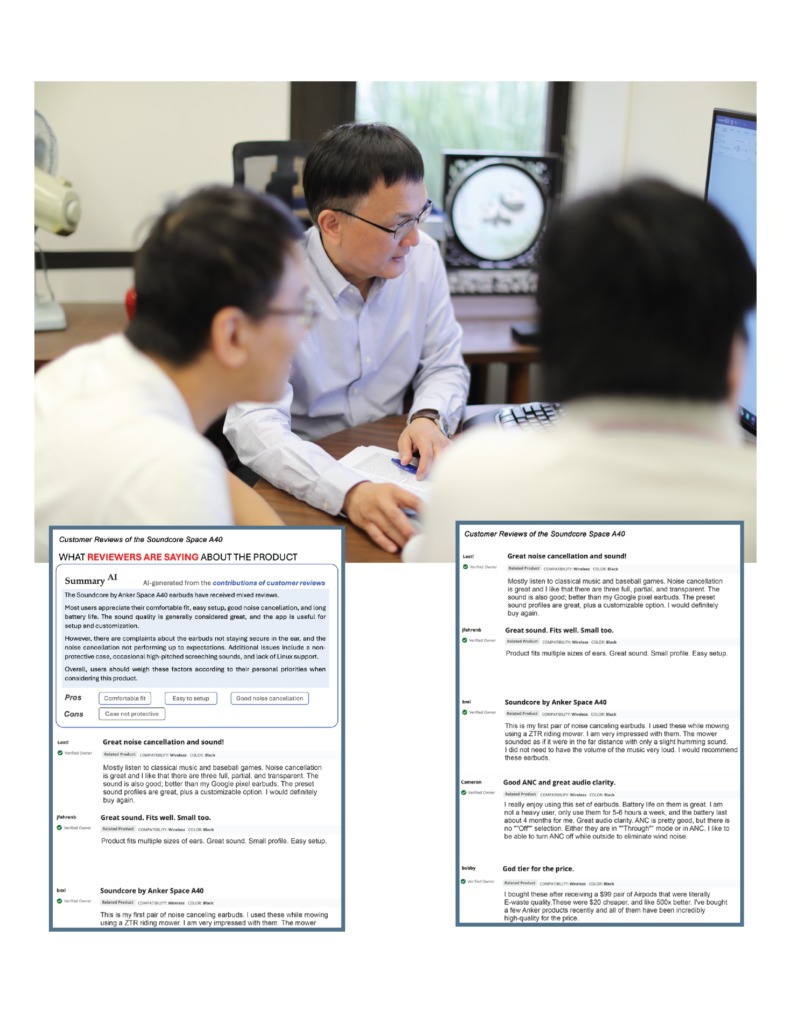 A group of three individuals is discussing over a computer screen in an office setting. A document partially visible shows questions and information about a product or service on the table. In the background, there's pictures and a window providing natural light to the room. Below, is two screenshots with the text "WHAT REVIEWERS ARE SAYING ABOUT THE PRODUCT." Along with multiple screenshot of user reviews.